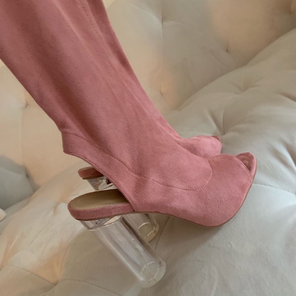 Knee high pink suede boots